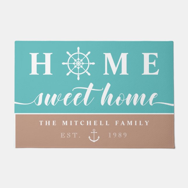 Nautical Turquoise Sand Home Sweet Home Add Name Doormat (Front)