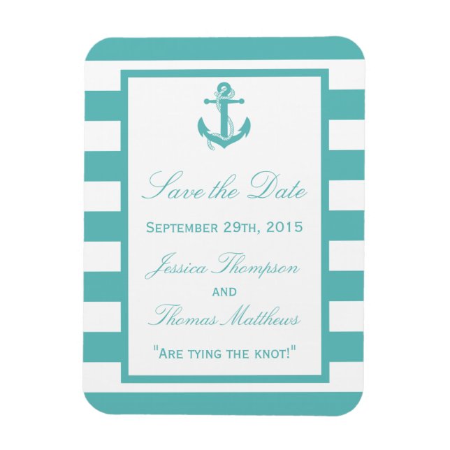 Nautical Turquoise Stripe Anchor Save The Date Magnet (Vertical)