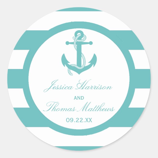 Nautical Turquoise Stripe Anchor Wedding Classic Round Sticker (Front)