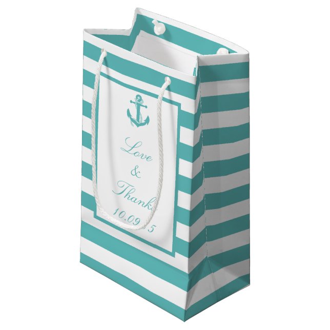 Nautical Turquoise Stripe Anchor Wedding Gift Bag (Front Angled)