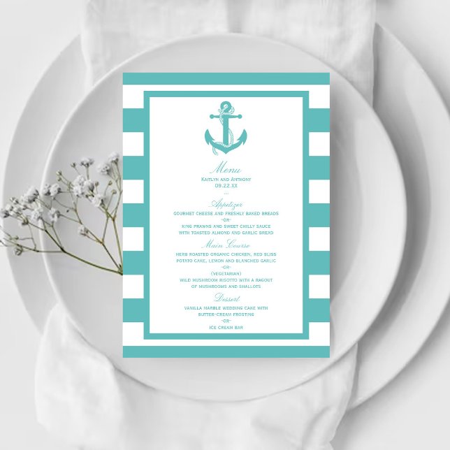 Nautical Turquoise Stripe Anchor Wedding Menu (Creator Uploaded)