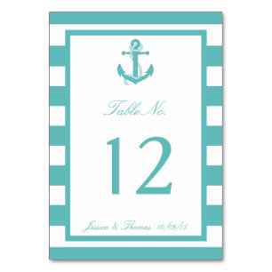 Nautical Turquoise Stripe Anchor Wedding Number Table Number