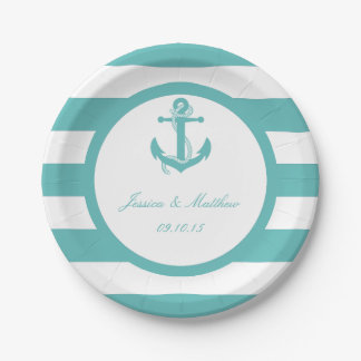 Nautical Turquoise Stripe Anchor Wedding Paper Plate