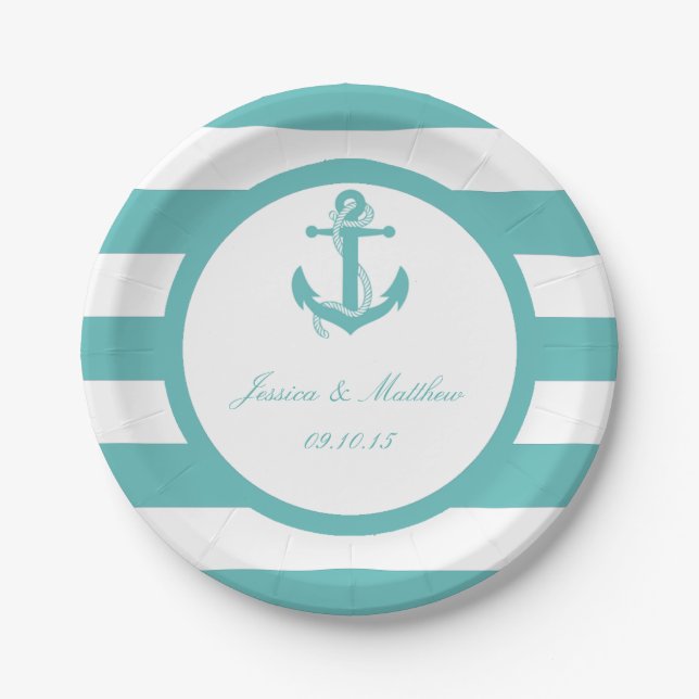Nautical Turquoise Stripe Anchor Wedding Paper Plate (Front)