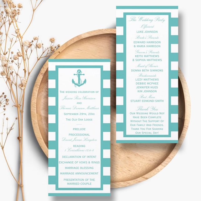 Nautical Turquoise Stripe Anchor Wedding Program (Creator Uploaded)