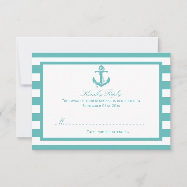 Nautical Turquoise Stripe Anchor Wedding RSVP (Front)