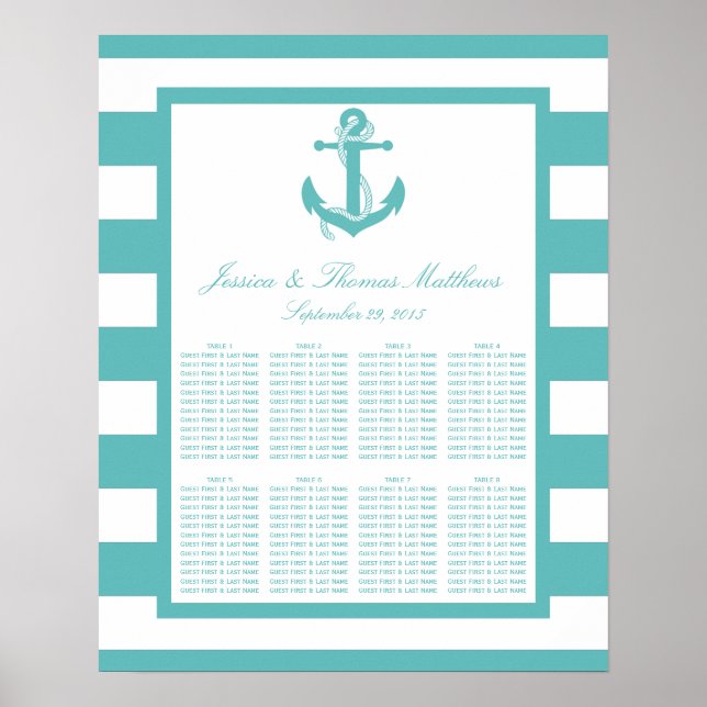 Nautical Turquoise Stripe Anchor Wedding Seating Poster (Front)