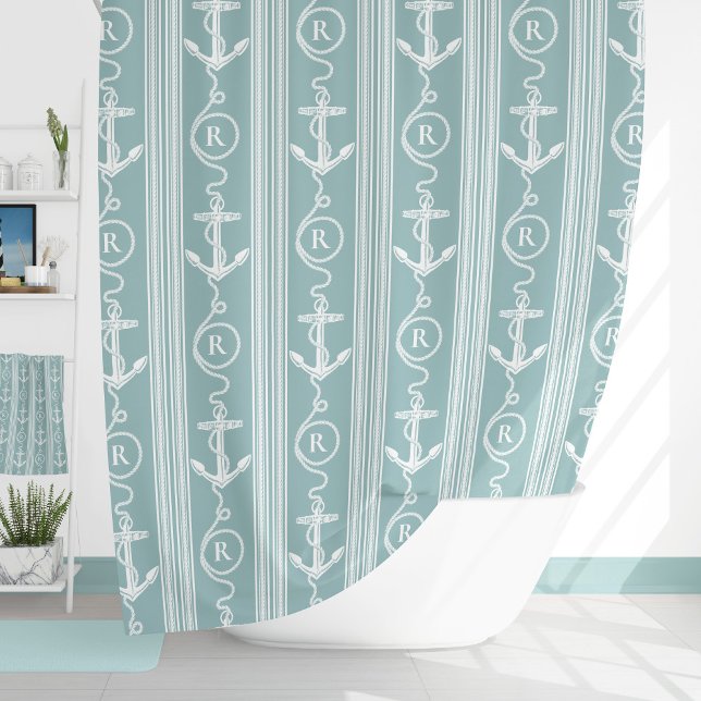 Nautical Turquoise White Anchor Rope Monogram Show Shower Curtain (Creator Uploaded)