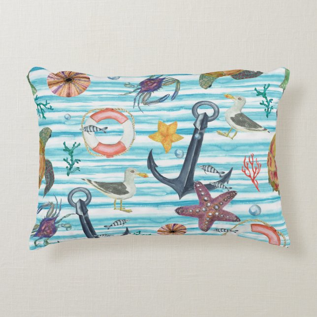 Nautical Turtles Seagul Starfish Pattern Decorative Cushion (Front)