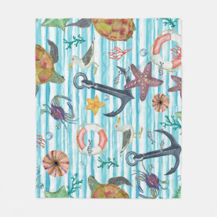 Nautical Turtles Seagul Starfish Pattern Fleece Blanket