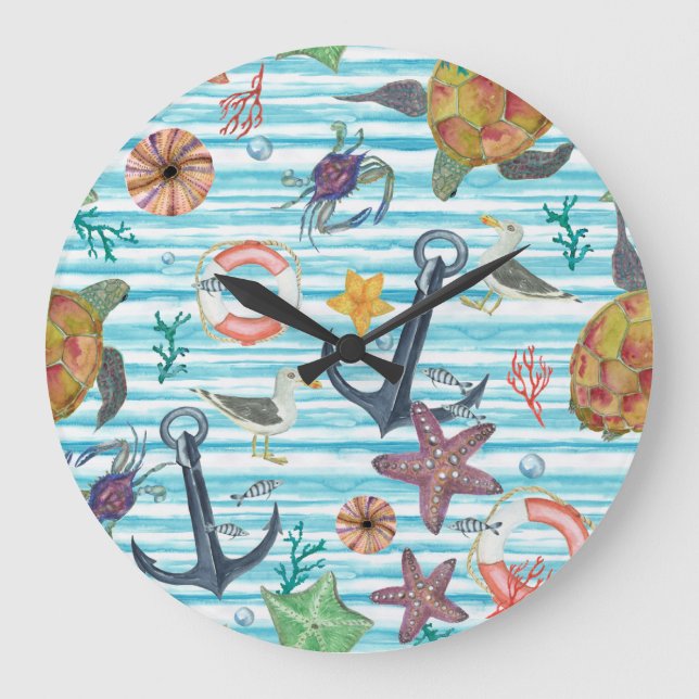 Nautical Turtles Seagul Starfish Pattern Large Clock (Front)