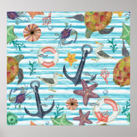Nautical Turtles Seagul Starfish Pattern
