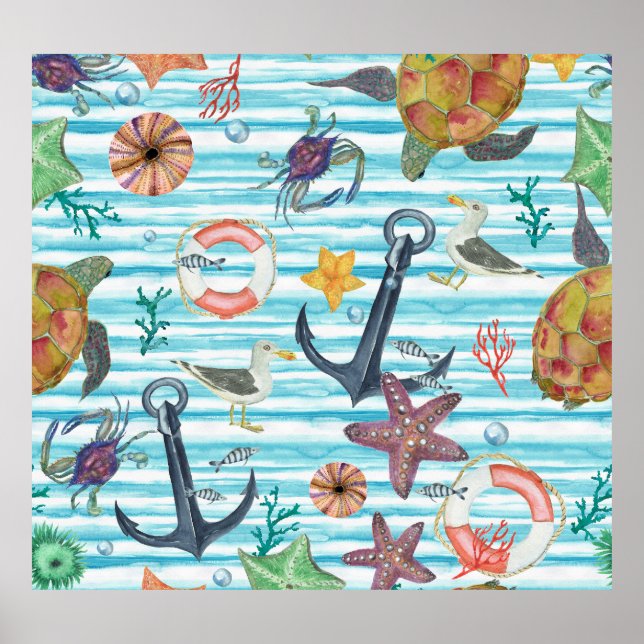Nautical Turtles Seagul Starfish Pattern Poster (Front)