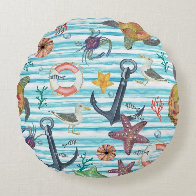 Nautical Turtles Seagul Starfish Pattern Round Cushion (Front)