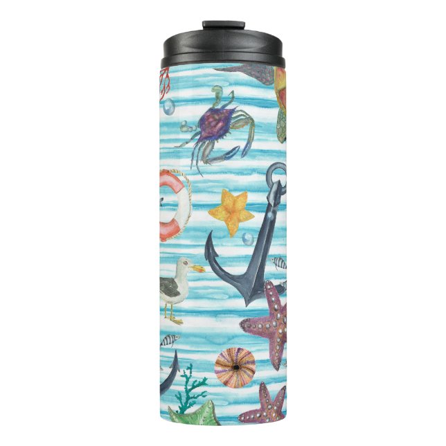 Nautical Turtles Seagul Starfish Pattern Thermal Tumbler (Front)
