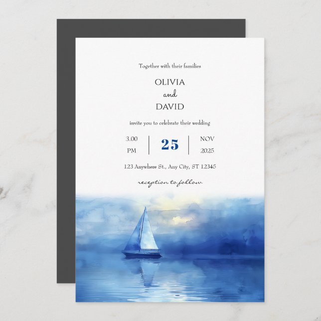 Nautical Twilight Sailboat Blue Sky Beach Wedding  Invitation (Front/Back)