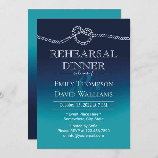 Nautical Tying the Knot Aqua Blue Rehearsal Dinner Invitation (Front/Back)