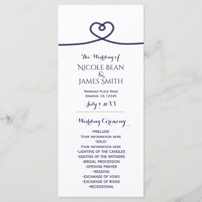 Nautical Tying the Knot Heart Wedding Program (Front)
