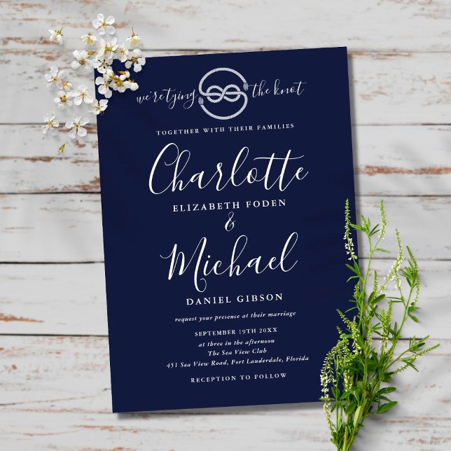 Nautical Tying The Knot Navy Blue Script Wedding Invitation (Creator Uploaded)