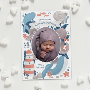 Nautical underwater animal & lighthouse. Boy birth Announcement