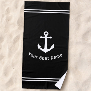 Nautical Vintage Anchor Boat Name Navy Black Beach Towel