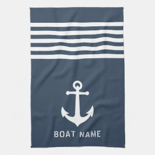 Nautical Vintage Anchor Boat Name Navy Blue Grey Tea Towel