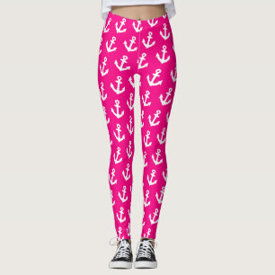 Nautical Vintage anchors pattern on neon pink Leggings
