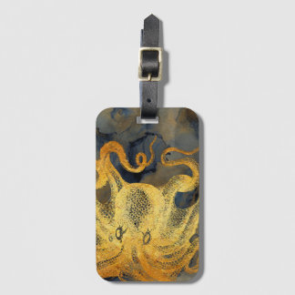 Nautical Vintage Gold Octopus Black Ink Watercolor Luggage Tag