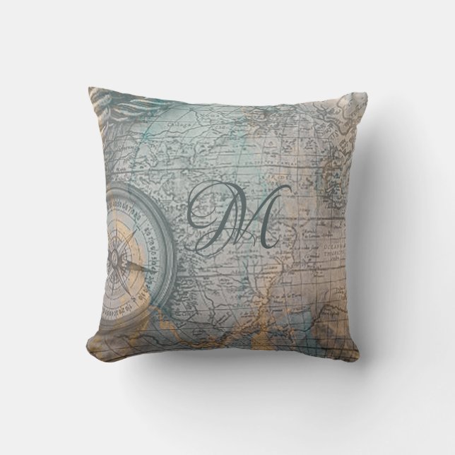 Nautical Vintage Map Compass Monogram Cushion (Front)
