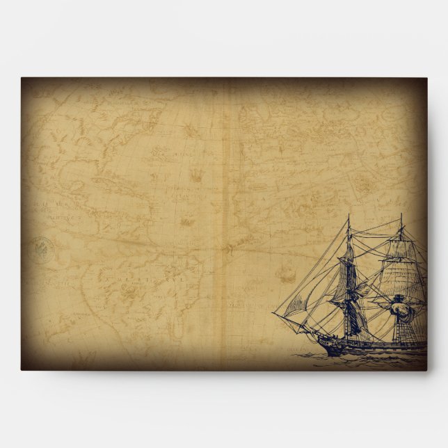 Nautical Vintage Map Ship Illustration Wedding Envelope (Front)