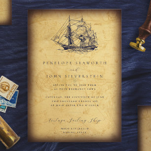 Nautical Vintage Map Ship Illustration Wedding Invitation