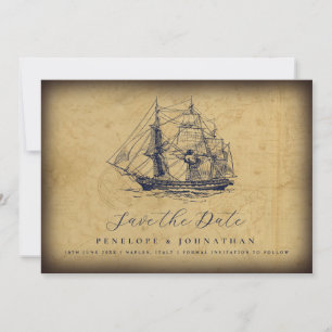Nautical Vintage Map Ship Illustration Wedding Save The Date