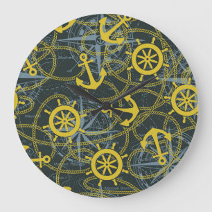 Nautical vintage pattern, anchor and map. large clock