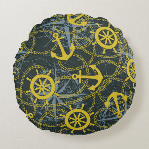 Nautical vintage pattern, anchor and map. round cushion