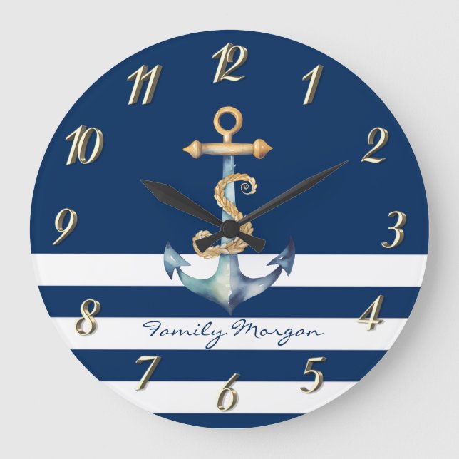 Nautical,Watercolor Anchor Navy Blue Striped Large Clock (Front)