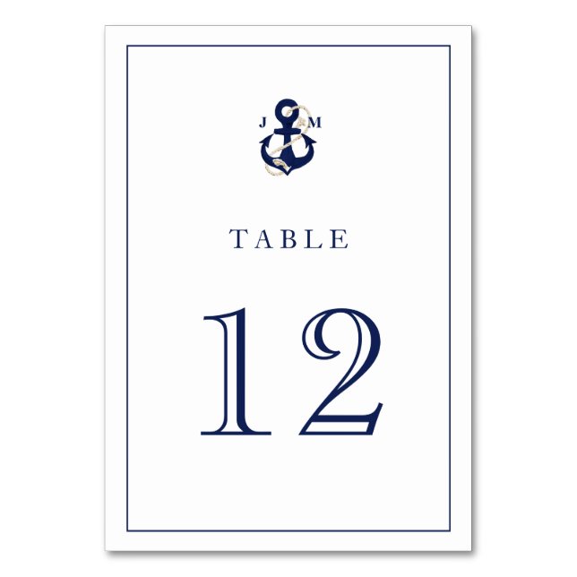 Nautical Watercolor Anchor Navy Wedding Monogram Table Number (Front)