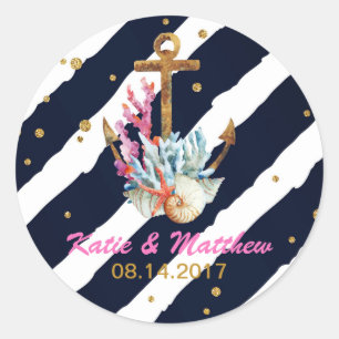 Nautical Watercolor Anchor Seashell Wedding Classic Round Sticker