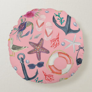 Nautical Watercolor Anchor Starfish Pattern Round Cushion