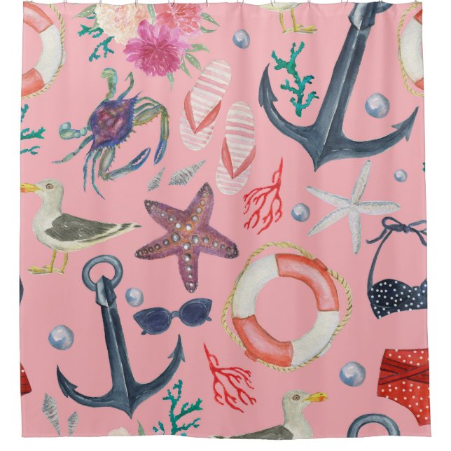 Nautical Watercolor Anchor Starfish Pattern Shower Curtain (Front)