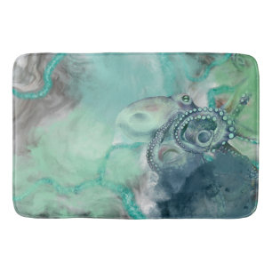 Nautical Watercolor Aqua Ocean Octopus  Bath Mat