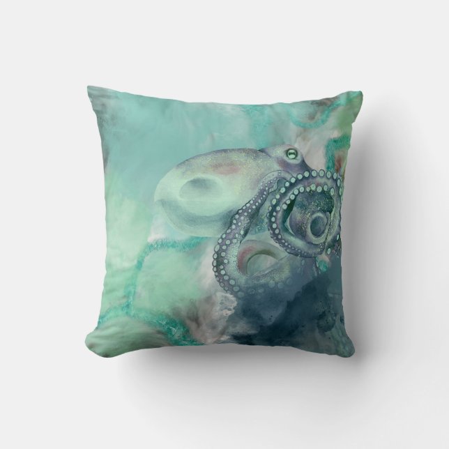 Nautical Watercolor Aqua Ocean Octopus  Cushion (Front)
