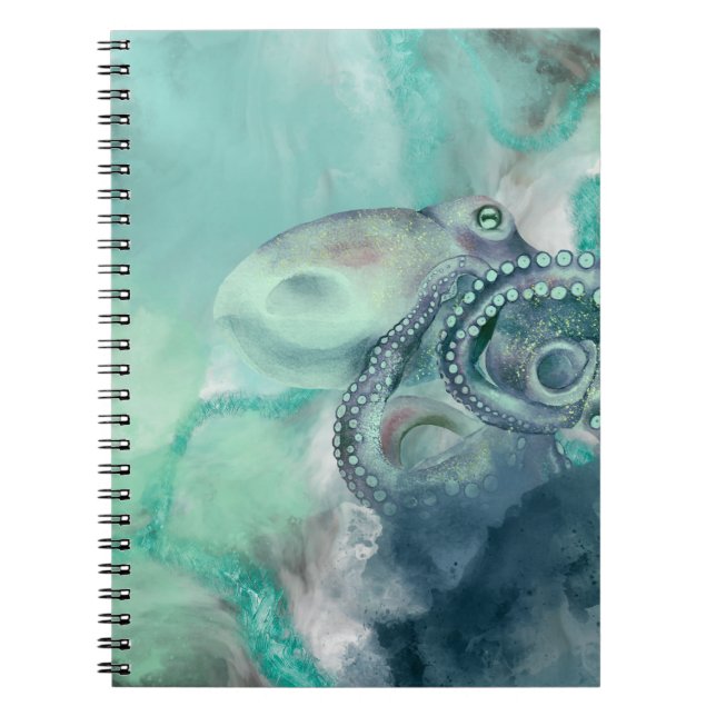 Nautical Watercolor Aqua Ocean Octopus Notebook (Front)