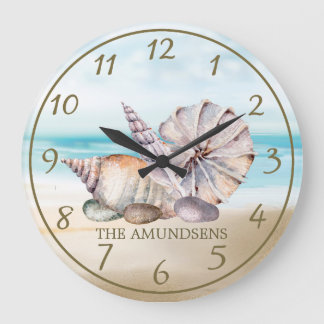 Nautical Watercolor Beach Seashells Large Clock