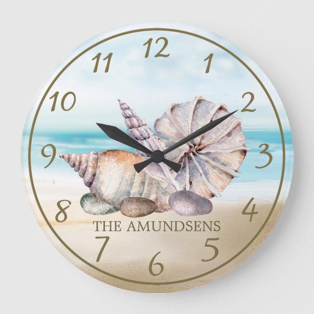 Nautical Watercolor Beach Seashells Large Clock (Front)
