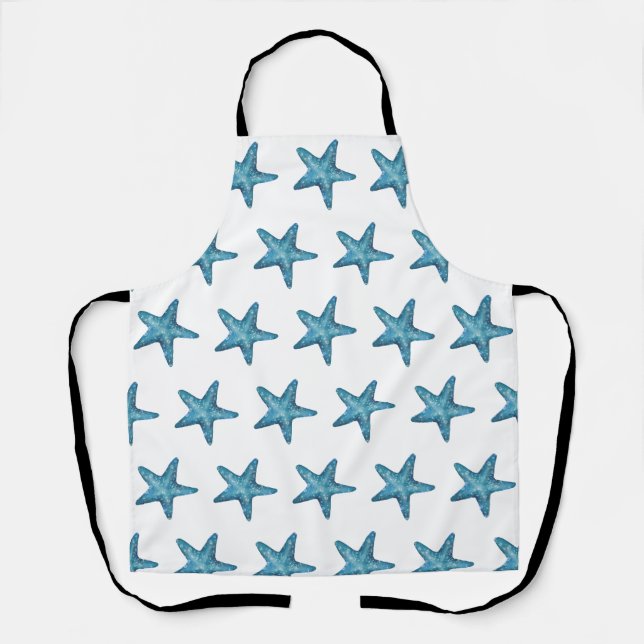 Nautical Watercolor Blue Starfish Apron (Front)