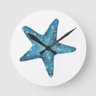 Nautical Watercolor Blue Starfish Round Clock