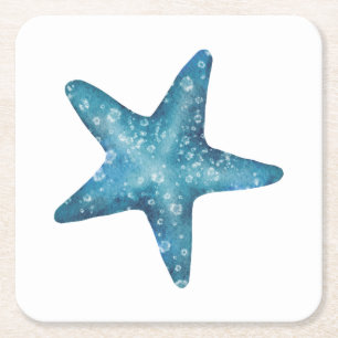 Nautical Watercolor Blue Starfish Square Paper Coaster