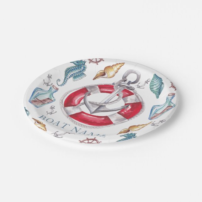 Nautical Watercolor Boat Name Personalised Paper Plate (Angled)
