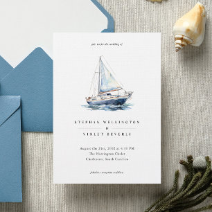 Nautical Watercolor Boat Yacht Coastal Wedding Invitation