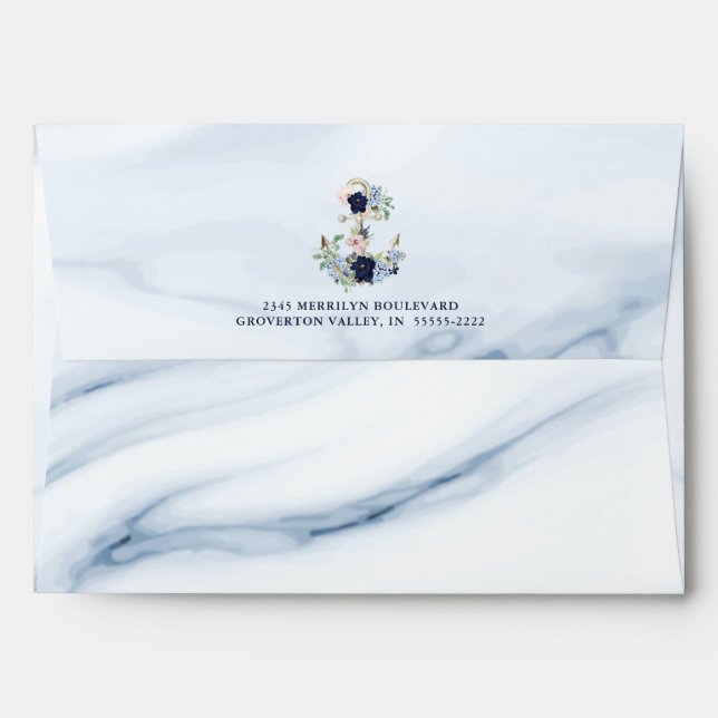 Nautical Watercolor Elegant Floral Anchor Blue Envelope (Back (Top Flap))
